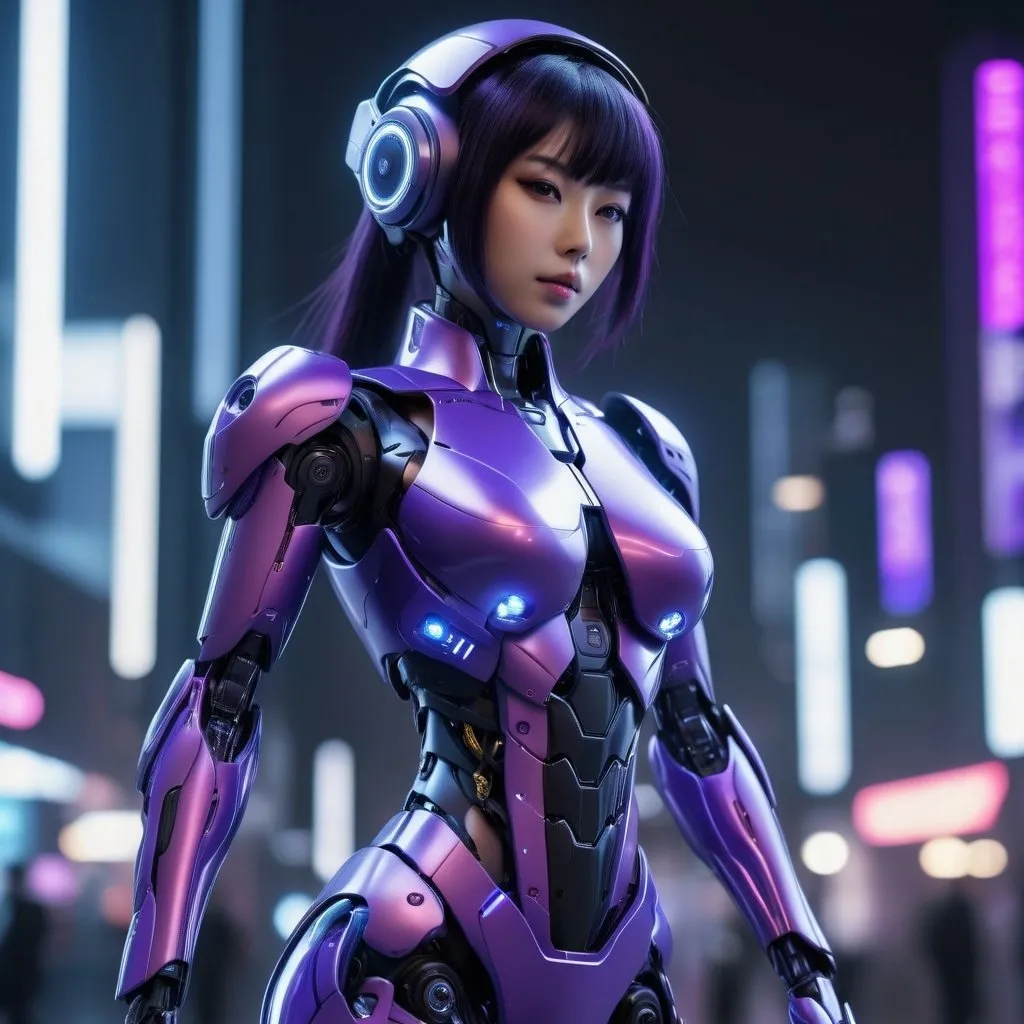 Prompt: Full body beautiful Japanese female android, purple humanoid robotic body, 4k, ultra-detailed, futuristic, cyberpunk, sleek design, detailed features, robotic skin texture, anime style, cool tones, atmospheric lighting, high-tech accessories, striking pose, professional rendering,