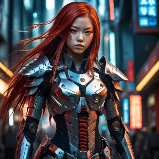 Prompt: High-res digital painting, 11-year-old Japanese cybernetic female warrior, long red hair, metallic finish on limbs and armor, zombie urban setting, futuristic cybernetic environment, detailed facial features, intense and determined expression, vibrant colors, professional, anime style, cyberpunk, urban decay, detailed hair, metallic armor, atmospheric lighting, dramatic shadows