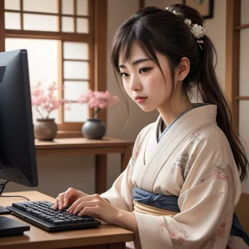 Prompt: Realistic Japanese girl playing on PC, digital painting, cozy bedroom setting, traditional Japanese attire, authentic facial features, realistic lighting, high quality, detailed digital art, soft color palette, focused expression, traditional clothing, modern technology, peaceful atmosphere, realistic, detailed, traditional Japanese, cozy, digital painting, peaceful ambiance, focused expression, modern technology, soft color palette, authentic facial features