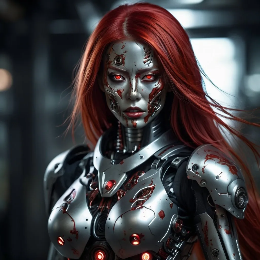 Prompt: Japanese cybernetic female turning into a zombie, long red hair, metallic finish, highres, horror, digital painting, cybernetic, metallic armor, detailed, zombie transformation, intense eyes, dark and eerie lighting