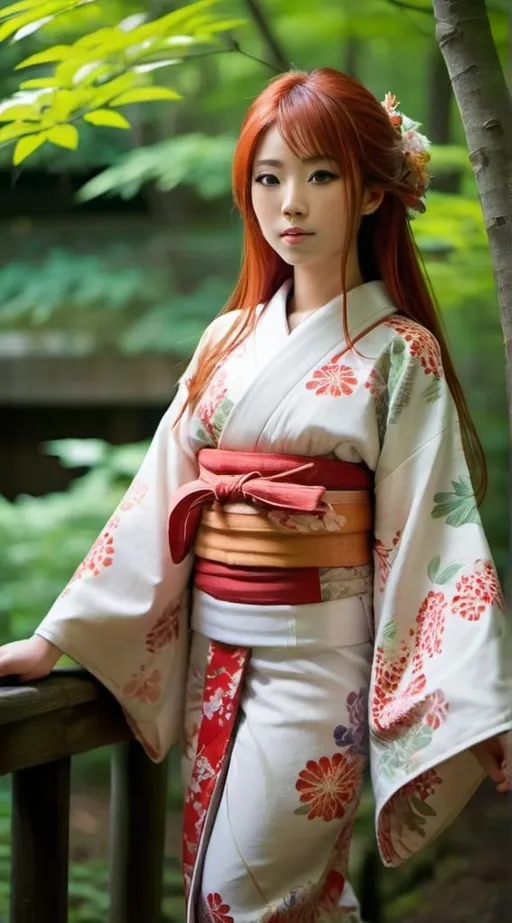 Prompt: Full body Japanese girl in a kimono, serene forest setting, traditional Japanese art style, long red hair, vibrant colors, detailed floral patterns, soft and natural lighting, detailed facial features, peaceful atmosphere, high quality, traditional, serene forest, detailed kimono, vibrant colors, Japanese art style, 25-year-old, detailed facial features, natural lighting