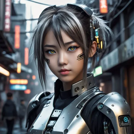 Prompt: High-res digital painting, 11-year-old Japanese cybernetic female, metallic finish on limbs, post-apocalyptic urban setting, detailed facial features, futuristic anime style, cool tones, atmospheric lighting, detailed background, ultra-detailed, cyberpunk, sci-fi, futuristic, metallic limbs, anime, post-apocalyptic, detailed eyes, professional, urban setting