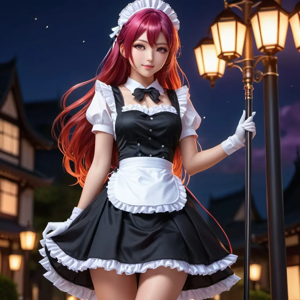 Prompt: Realistic full body Japanese girl with glowing purple eyes, long glowing red hair, french maid uniform, very tall girl, highres, ultra-detailed, anime, realistic, glowing eyes, glowing hair, maid outfit, Japanese girl, tall, detailed design, professional, atmospheric lighting