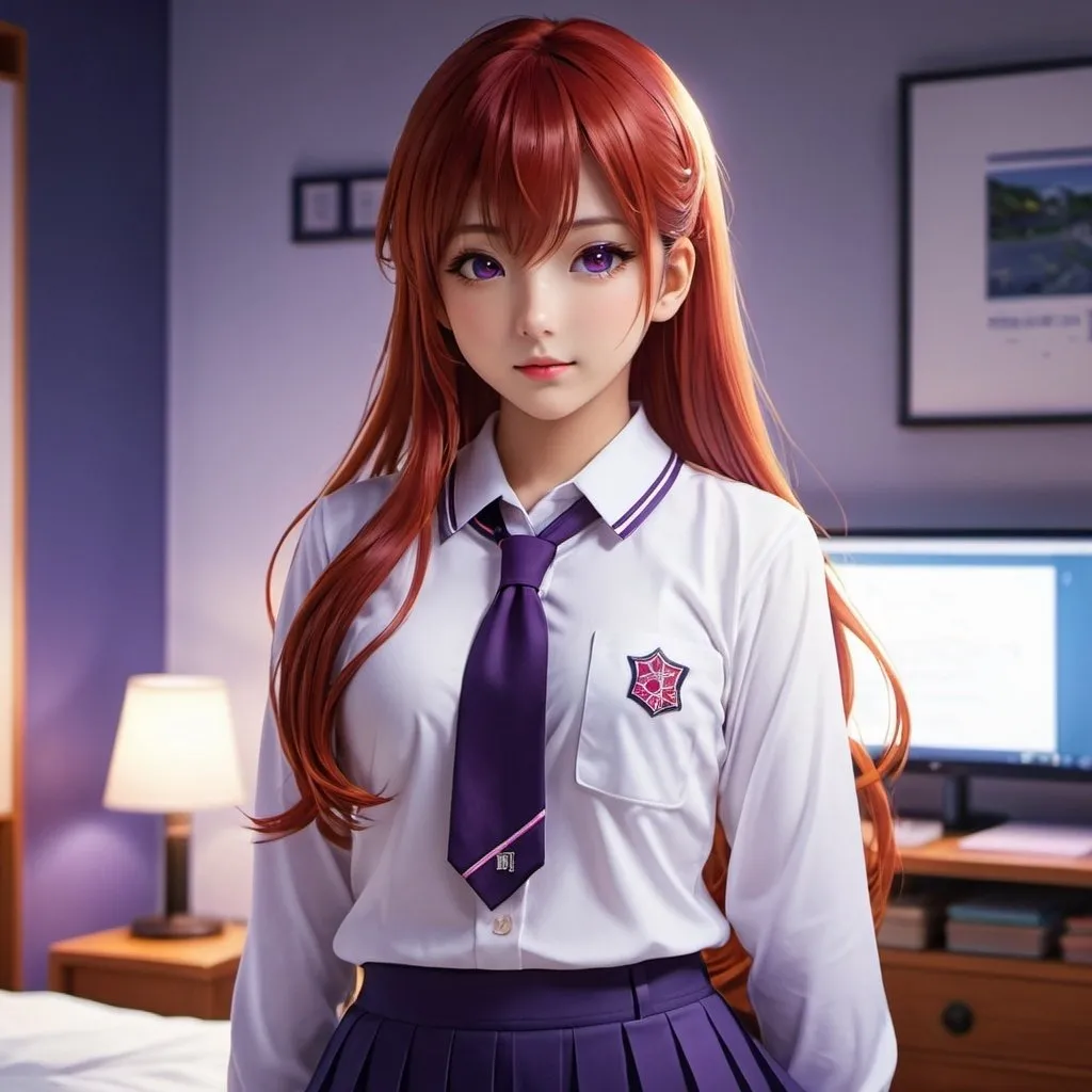 Prompt: Realisric full body Japanese girl with glowing purple eyes, long glowing red hair, detailed school uniform, realistic, highres, glowing eyes, glowing hair, bedroom setting, detailed clothing, anime, realistic style, detailed eyes, purple tones, red hair, school uniform, atmospheric lighting