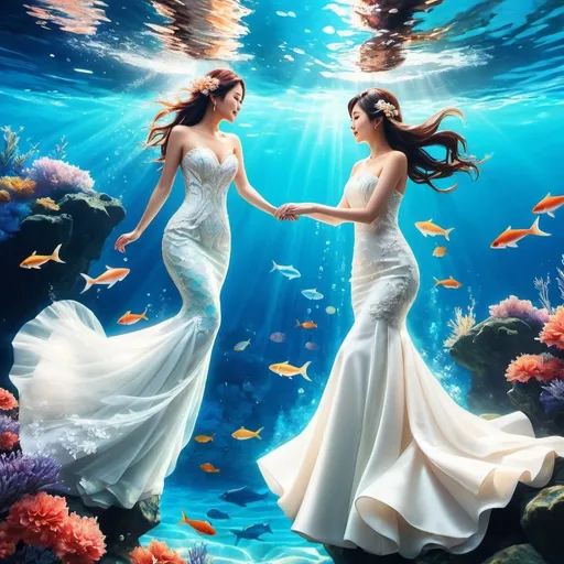 Prompt: Realistic wedding illustration of two Japanese girls, underwater, high quality, realistic, wedding theme, detailed faces, flowing wedding dresses, underwater scene, vibrant colors, natural lighting, delicate details, Japanese culture, traditional wedding, realistic water effects, mermaid