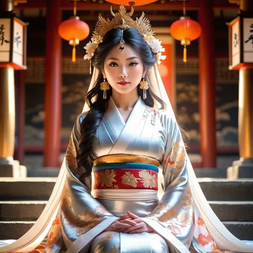 Prompt: Full body Japanese goddess, radiant and awe-inspiring, otherworldly beauty, detailed attire, in temple, highres, ultra-detailed, ethereal, traditional, detailed patterns, flowing gown, divine aura, glowing presence, ornate accessories, serene setting, soft lighting