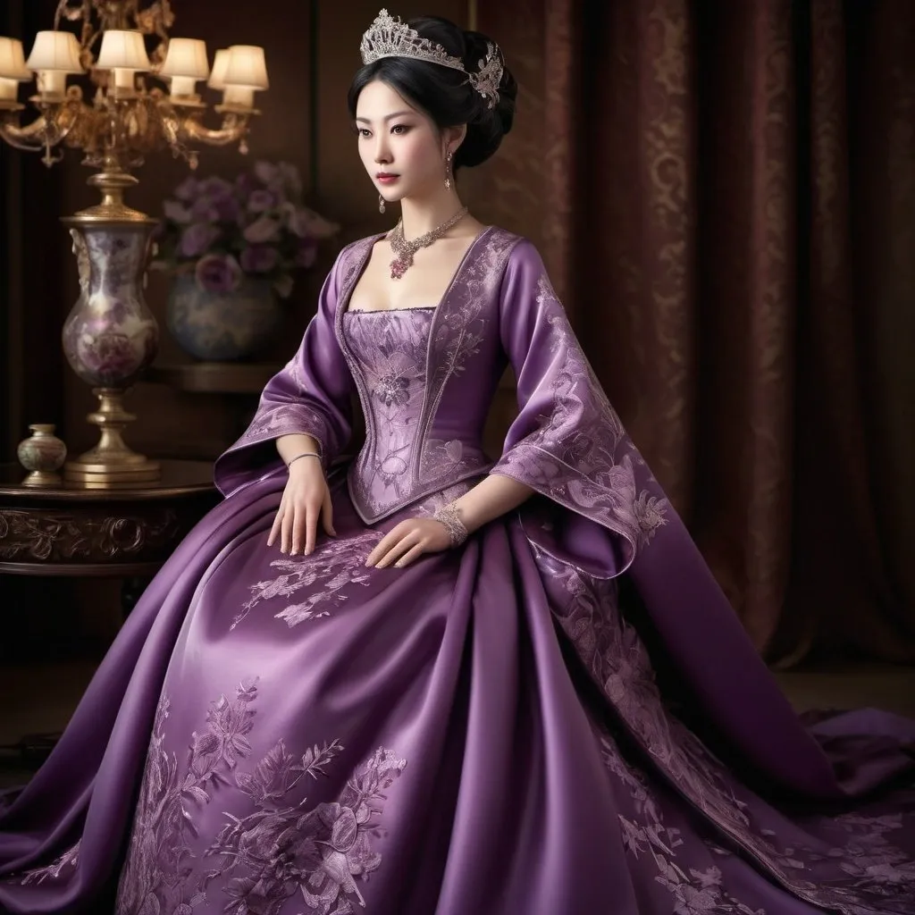Prompt: Realistic rare elegant purple dress on a japanese queen, satin material, intricate lace details, delicate embroidery, high quality, lifelike, realistic, elegant, rare, detailed, glamorous, glamorous lighting, rich purple tones, professional, luxurious, couture
