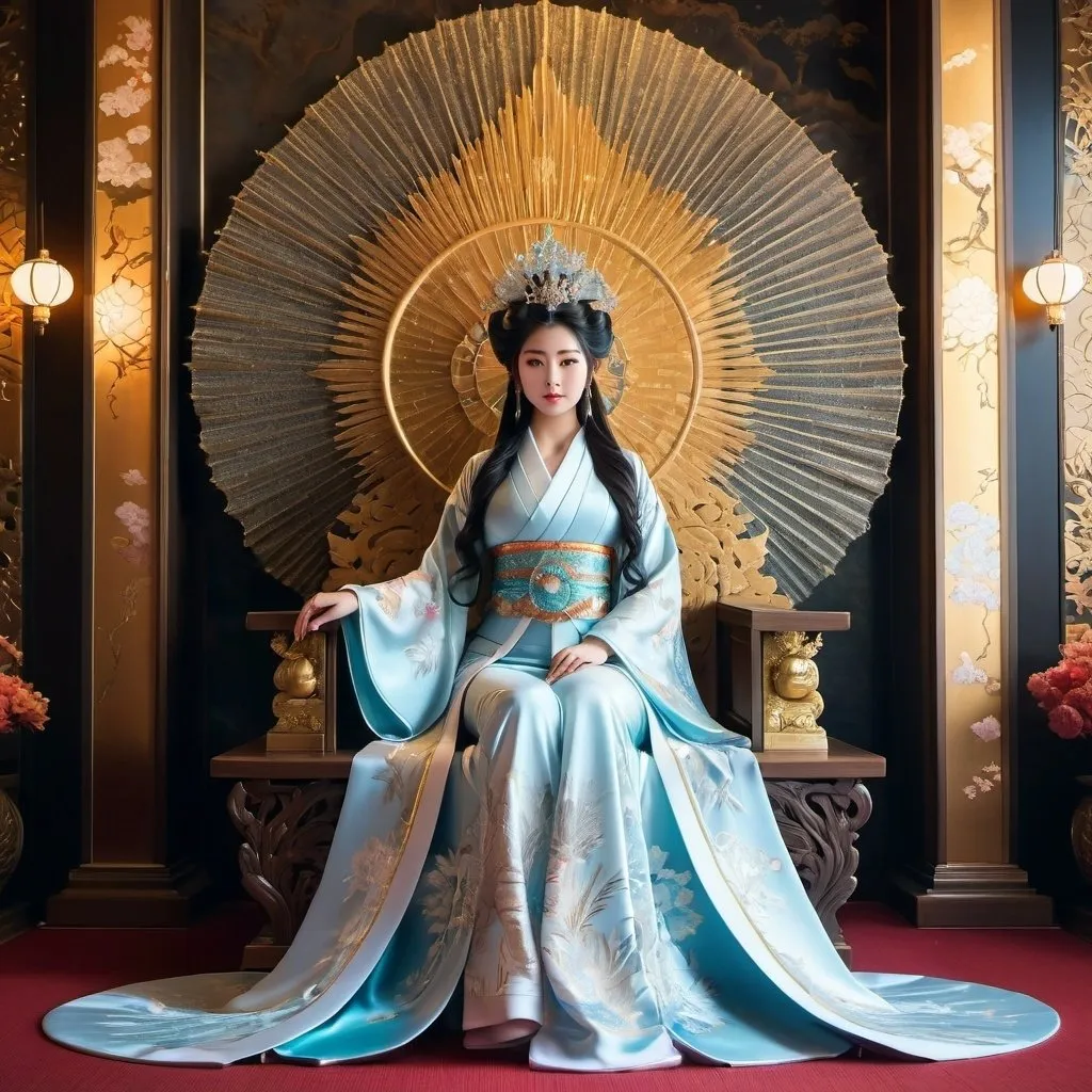 Prompt: Full body Japanese goddess, radiant and awe-inspiring, otherworldly beauty, detailed attire, in throne room, highres, ultra-detailed, ethereal, traditional, detailed patterns, flowing gown, divine aura, glowing presence, ornate accessories, serene setting, sitting in throne 