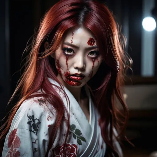 Prompt: 3 year old Japanese female transforming into a zombie, long red hair, detailed zombie transformation, horror, highres, detailed, anime, dark tones, hair transformation, zombie eyes, traditional Japanese setting, supernatural, intense lighting