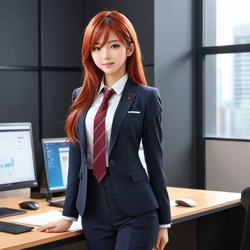 Prompt: Realistic full body illustration of an 18-year-old Japanese girl, long red hair, business suits, formal attire, office setting, professional, highres, detailed, realistic, anime, formal, business attire, detailed hair, vibrant colors, 