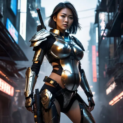 Prompt: High-resolution digital painting of a pregnant 18-year-old japanese cybernetic female warrior, metallic finish on limbs and armor, intense and determined gaze, post-apocalyptic urban setting with advanced technology, dynamic action pose, futuristic lighting and ambiance, detailed and intricate design, cinematic quality, cyberpunk, action-packed, metallic finish, intense gaze, post-apocalyptic, futuristic lighting, dynamic pose, detailed design, cinematic quality
