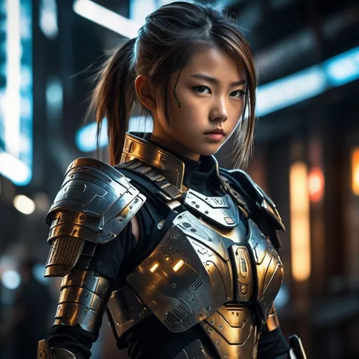 Prompt: High-resolution digital painting of a 11-year-old japanese cybernetic female warrior, metallic finish on limbs and armor, intense and determined gaze, post-apocalyptic urban setting with advanced technology, dynamic action pose, futuristic lighting and ambiance, detailed and intricate design, cinematic quality, cyberpunk, action-packed, metallic finish, intense gaze, post-apocalyptic, futuristic lighting, dynamic pose, detailed design, cinematic quality