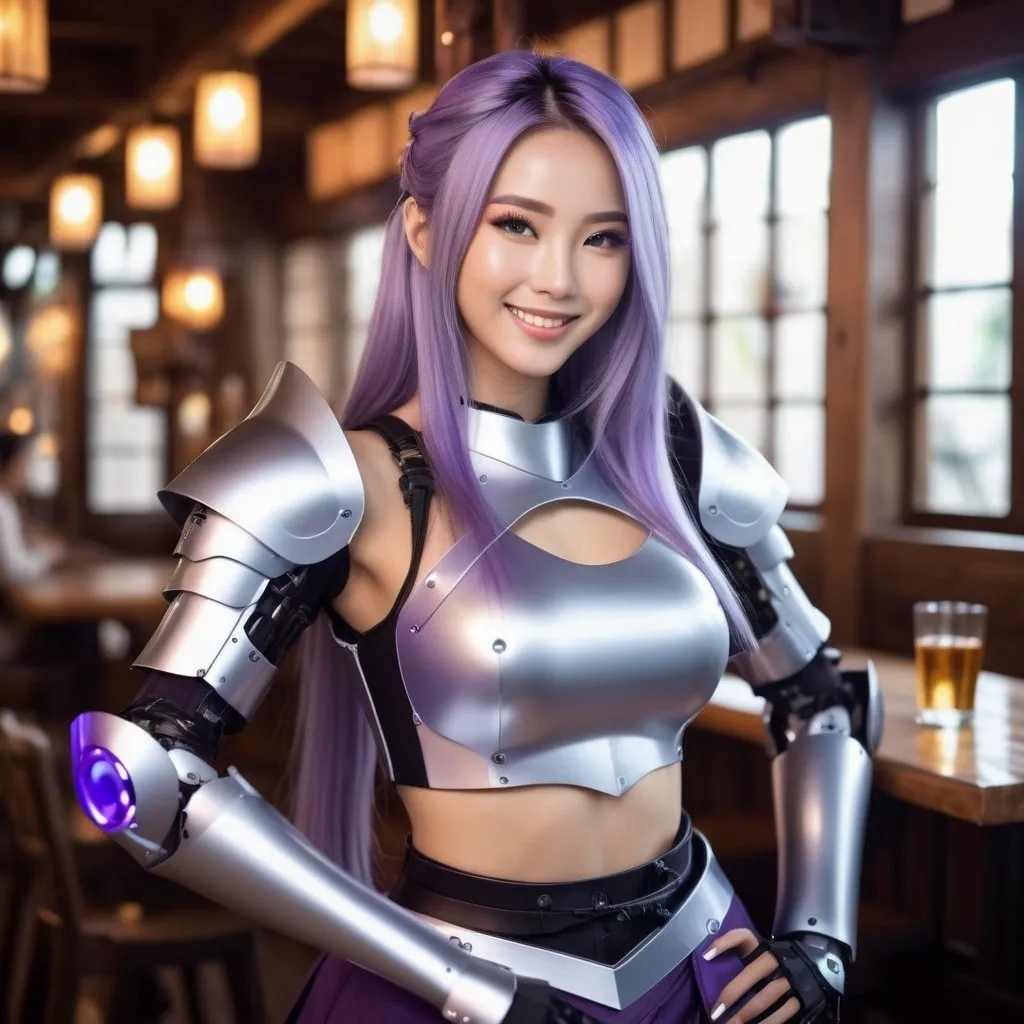 Prompt: beautiful japanese female android, long puprle hair, silver crop top, under arms, sword in one hand, purple robotic arms, genuine smile, medieval tavern full of warriors
