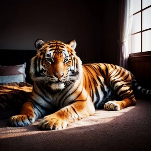 Prompt: Realistic full-body tiger, walking, cozy bedroom setting, sleeping peacefully, detailed fur texture, warm and soft lighting, high quality, realistic, detailed eyes, serene atmosphere, comfortable, tranquil mood, professional, peaceful ambiance