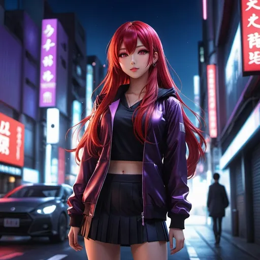 Prompt: Full body Japanese girl with glowing purple eyes, long glowing red hair, urban setting, anime detailed eyes, sleek design, atmospheric lighting, highres, ultra-detailed, professional, red clothing
