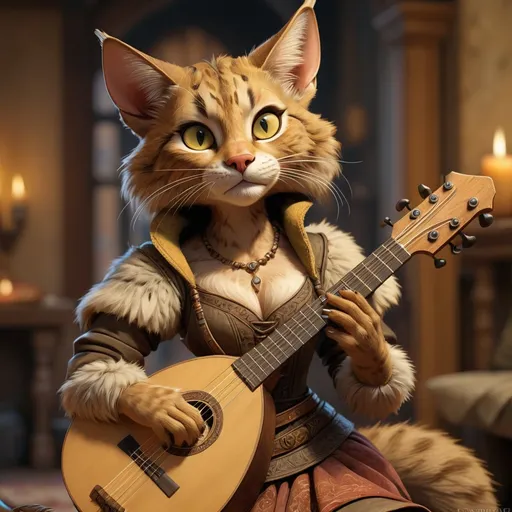 Prompt: Hyper-realistic full body illustration of a 25-year-old female tabaxi bard with lute, detailed fur with warm highlights, curious and cunning gaze, high quality, warm-toned, detailed eyes, intense eyes, bard, detailed fur, professional