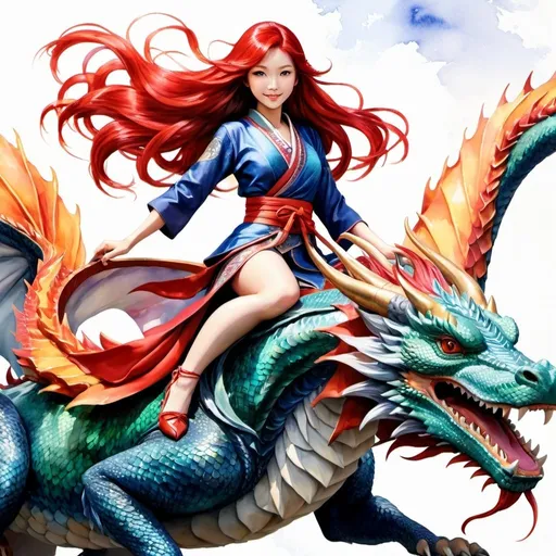 Prompt: Full body Japanese girl, long flowing red hair, realistic, riding dragon, detailed scales, vibrant colors, dynamic composition, fantasy, high quality, traditional, detailed hair, dragon rider, watercolor, vibrant, fantasy, dynamic composition