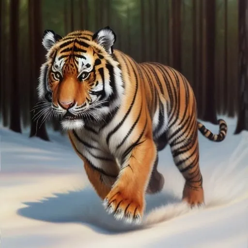 Prompt: Realistic full body illustration of tiger, oil painting, detailed fur with warm tones, realistic, natural lighting, high quality, detailed, oil painting, realistic style, warm tones, natural lighting, forest, running, chasing prey