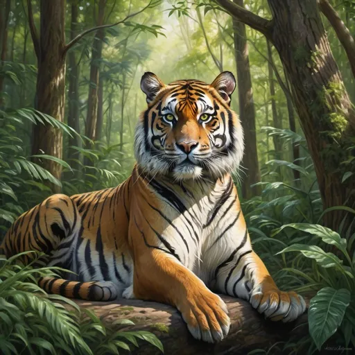 Prompt: Tiger sitting in the middle of dense forest, vibrant green foliage, majestic tiger with intense gaze, detailed fur with warm tones, dappled sunlight filtering through the trees, ultra high resolution, hyper-realistic, detailed eyes, lush greenery, wildlife art, professional, natural lighting