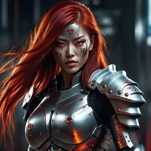 Prompt: High-res horror digital painting, Japanese cybernetic female warrior, long red hair, metallic finish on limbs and armor, turning into zombie, intense and dramatic transformation, cyberpunk, futuristic, detailed eyes, metallic armor, red hair, zombie transformation, high quality, digital painting, cybernetic, dramatic lighting