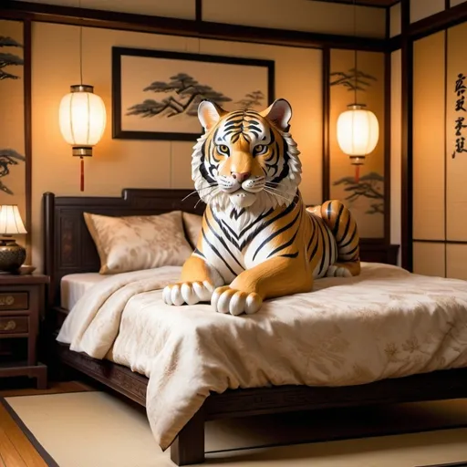 Prompt: Realistic Tiger sitting on a bed in a Japanese bedroom, traditional Japanese art style, intricate woodwork, soft warm lighting, detailed fur with rich texture, serene atmosphere, high quality, traditional Japanese, detailed bedding, peaceful ambiance, cozy