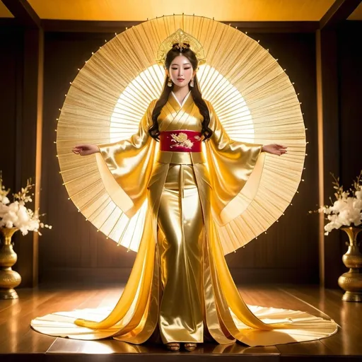 Prompt: Full body Japanese goddess, radiant and awe-inspiring, divine aura, shimmering gold, ethereal and powerful, otherworldly beauty, people worshipping, ethereal lighting, golden tones, detailed traditional attire, divine presence, grand and majestic, surreal atmosphere, high quality, divine, ethereal, shimmering gold, traditional, worship, majestic, powerful, awe-inspiring, detailed attire, radiant, in tempele