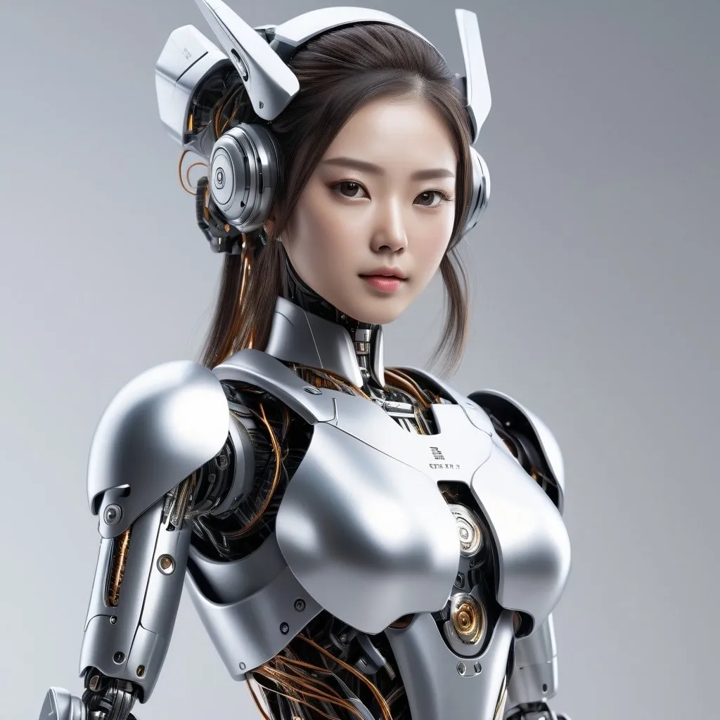 Prompt: High-res, ultra-detailed realistic full body illustration of a female Japanese robot, with two tails, realistic metallic skin texture, intricate wiring details, lifelike facial features, anatomically correct, futuristic, cybernetic, detailed hair, realistic lighting, professional, sci-fi, exotic, detailed eyes, sleek design, high-quality rendering, dual tails, intense gaze, metallic sheen, advanced technology