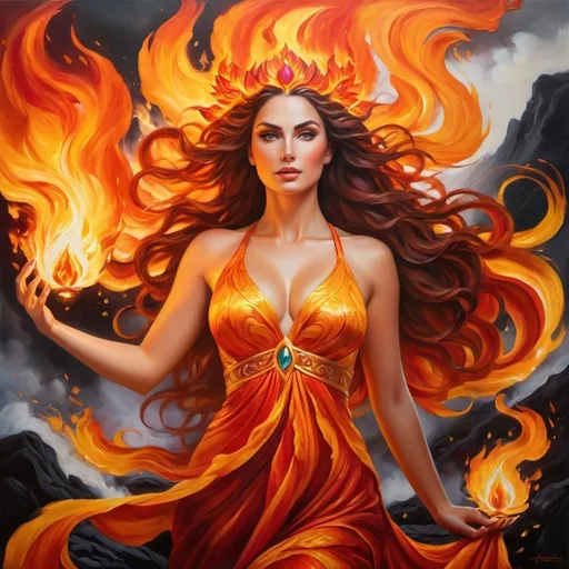 Prompt: Majestic, powerful goddess of fire, realistic oil painting, flowing lava, intense flames, mythical creature, intricate details, vibrant and warm color palette, dramatic lighting, high quality, realistic, oil painting, fiery, mythical, intense, vibrant colors, dramatic lighting