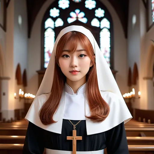 Prompt: (Realistic full body image of a Japanese girl in a nun's uniform), 18 years old, (very tall), long flowing red hair, (ultra-detailed, high-resolution), (professional image quality), (atmospheric lighting) illuminating a church background, intricately designed uniform, serene expression, softly lit ambiance, (captivating), blending tradition with contemporary elements.