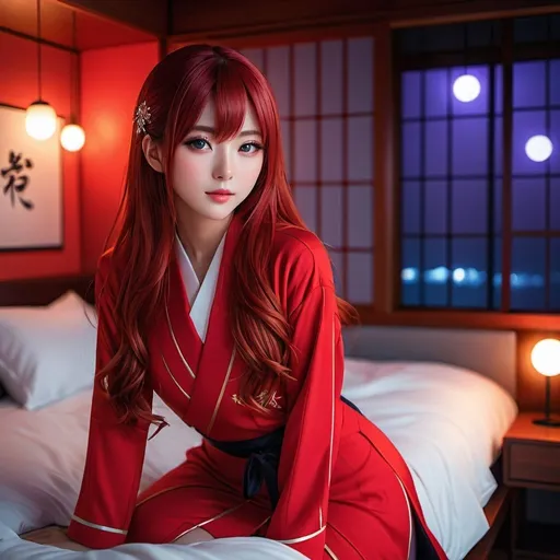 Prompt: Realisric Full body Japanese girl with glowing purple eyes, long glowing red hair, bedroom setting, detailed eyes, sleek design, atmospheric lighting, highres, ultra-detailed, professional, red clothing