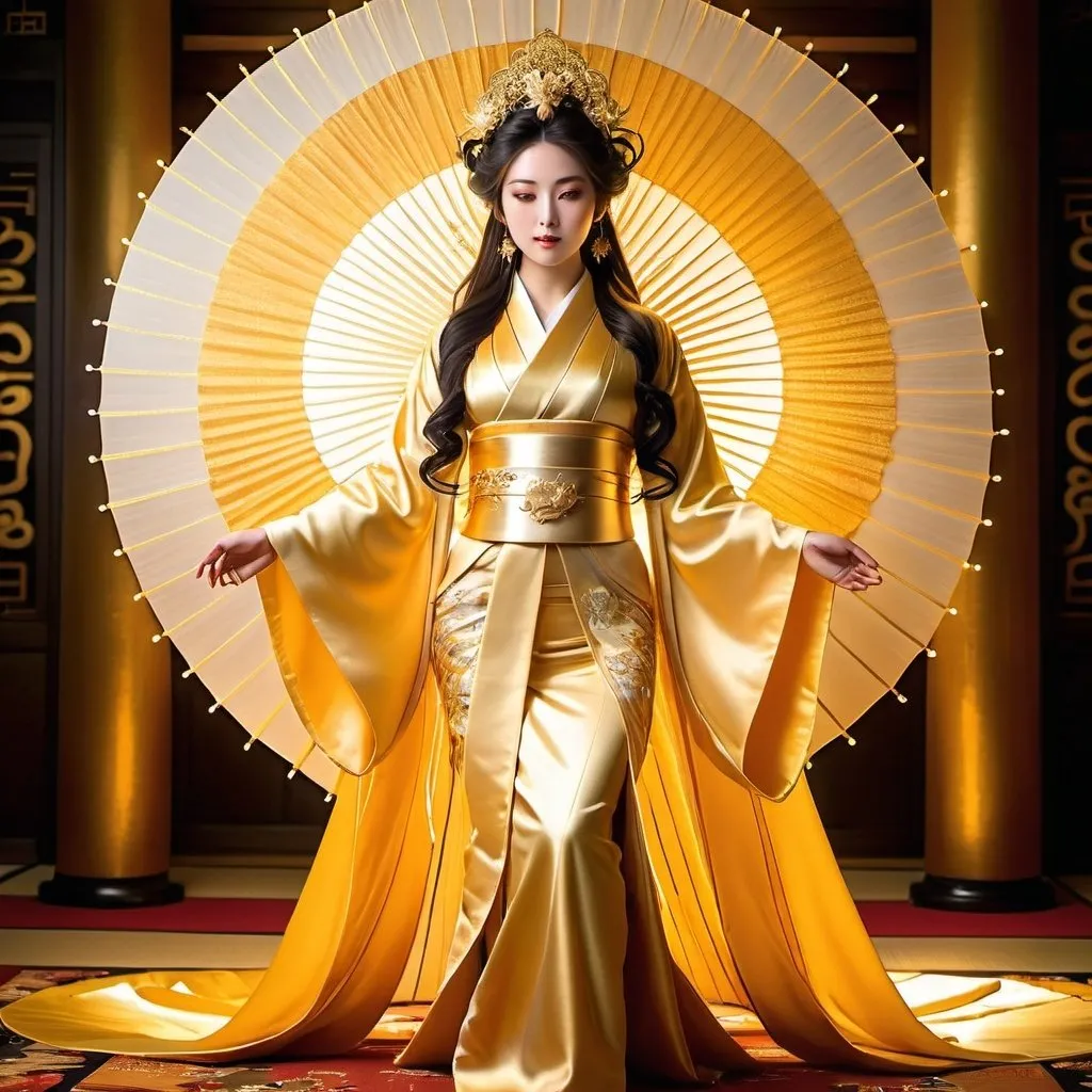 Prompt: Full body Japanese goddess, radiant and awe-inspiring, divine aura, shimmering gold, ethereal and powerful, otherworldly beauty, people worshipping, ethereal lighting, golden tones, detailed traditional attire, divine presence, grand and majestic, surreal atmosphere, high quality, divine, ethereal, shimmering gold, traditional, worship, majestic, powerful, awe-inspiring, detailed attire, radiant, surreal lighting