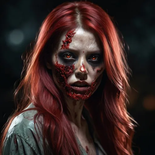 Prompt: Japanese female turning into a zombie, long red hair, highres, horror, digital painting, detailed, zombie transformation, intense eyes, dark and eerie lighting