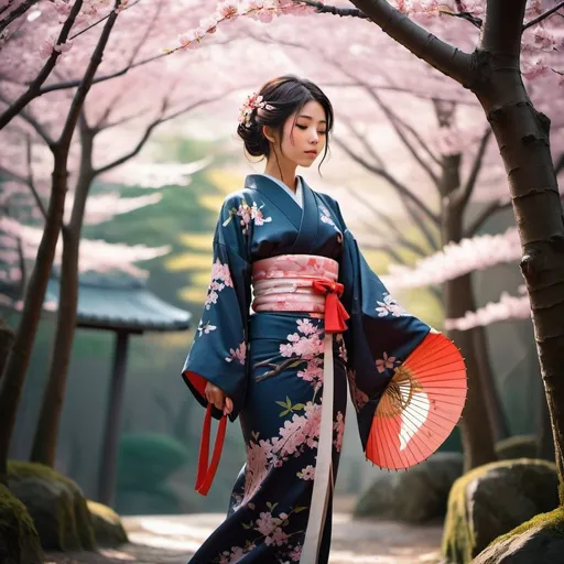 Prompt: Japanese girl in a kimono, serene forest setting, full-body shot, phone wallpaper, highres, detailed, traditional Japanese art style, vibrant colors, peaceful atmosphere, cherry blossom trees, elegant pose, long flowing sleeves, serene expression, atmospheric lighting, professional