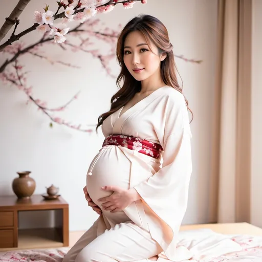 Prompt: Model, pregnant Japanese woman in her 25s, bedroom setting, traditional Japanese art style, peaceful and serene atmosphere, delicate cherry blossom decor, soft natural lighting, high quality, traditional art, feminine, serene, delicate, 25s, pregnancy, Japanese, bedroom, cherry blossom decor, soft lighting