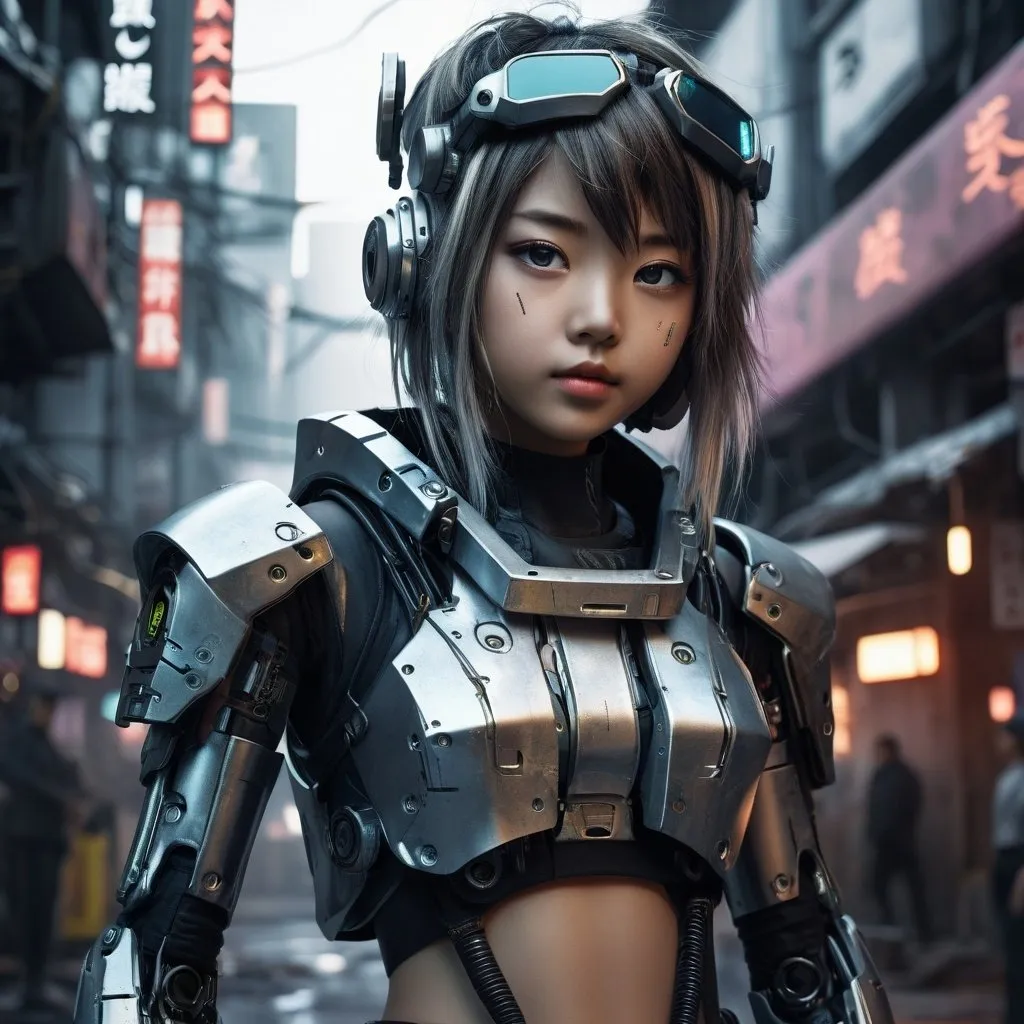 Prompt: High-res digital painting, 5-year-old Japanese cybernetic female, metallic finish on limbs, post-apocalyptic urban setting, detailed facial features, futuristic anime style, cool tones, atmospheric lighting, detailed background, ultra-detailed, cyberpunk, sci-fi, futuristic, metallic limbs, anime, post-apocalyptic, detailed eyes, professional, urban setting