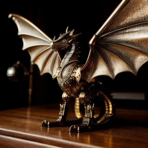 Prompt: Steampunk dragon in a steampunk style, detailed metallic scales, industrial mechanical wings, intricate brass and copper mechanisms, 4k ultra-detailed, steampunk, four legs mechanical, bronze tones, atmospheric lighting, bedroom setting