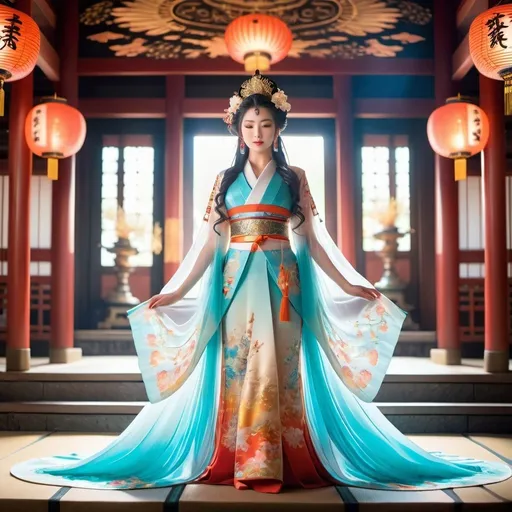 Prompt: Full body Japanese goddess, radiant and awe-inspiring, otherworldly beauty, detailed attire, in temple, highres, ultra-detailed, ethereal, traditional, detailed patterns, flowing gown, divine aura, glowing presence, ornate accessories, serene setting, soft lighting