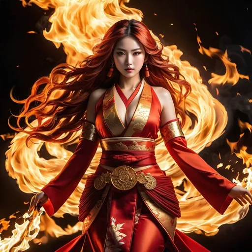 Prompt: Full body Japanese fire goddess, detailed traditional attire, engulfed in flames, long fiery hair, clothing on fire, intense and powerful, detailed flames, traditional clothing, high quality, detailed, fiery, dramatic, atmospheric lighting, traditional, powerful, inferno, detailed hair, dynamic pose, flowing garments, radiant glow