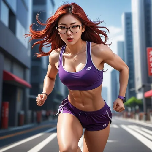 Prompt: Realistic full body illustration of a 25-year-old Japanese girl with glasses, strong arms, six-pack, strong legs, athletic physique, dynamic pose, long red hair, glasses, urban setting, detailed, athletic, Japanese, running, high quality, realistic, dynamic, urban, detailed physique, intense gaze, deep red lips, natural lighting, purple clothing