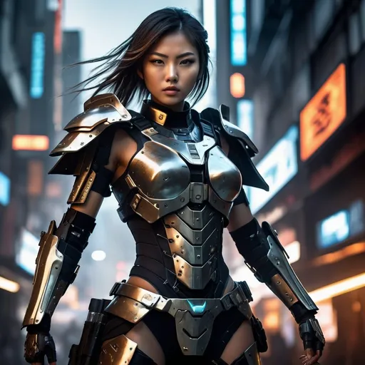 Prompt: High-resolution digital painting of a 18-year-old japanese cybernetic female warrior, metallic finish on limbs and armor, intense and determined gaze, post-apocalyptic urban setting with advanced technology, dynamic action pose, futuristic lighting and ambiance, detailed and intricate design, cinematic quality, cyberpunk, action-packed, metallic finish, intense gaze, post-apocalyptic, futuristic lighting, dynamic pose, detailed design, cinematic quality