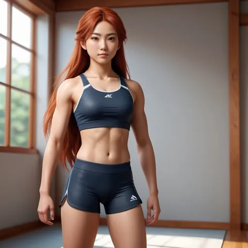 Prompt: Realistic 3D rendering of a proud 15-year-old Japanese girl with long red hair, strong and athletic build, confident stance, detailed facial features, defined muscles, impeccable skin texture, no sleeves, no trouser legs, athletic physique, strong legs, strong arms, high quality, detailed realism, Japanese realistic style, natural lighting, warm tones, professional rendering, bedroom setting
