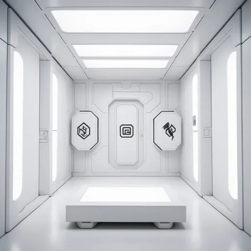 Prompt: There is a large white room where only a ladder can be the entrance from the floor. The white room is cubical and looks like a futuristic holding cell. There are also two consoles in the room. One has the symbol of a hawk, the other has a sysbol of a frog. 