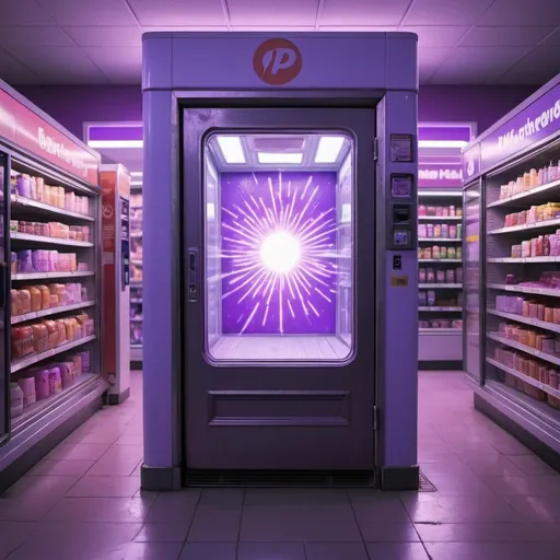 Prompt: A glowing portal is opened in the freezer section of a gas station where a purple hue is outside. 