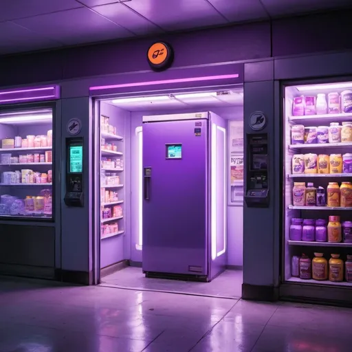 Prompt: A glowing portal is opened in the freezer section of a gas station where a purple hue is outside. 