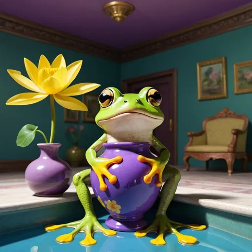 Prompt: a frog holds a yellow flower in one hand and a violet vase in another. He is in a room that looks like a pool with lotus flowers everywhere. It is pretty. 