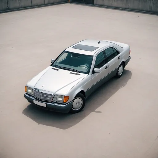 Prompt: one 90's Mercedes Class C seen from very far parked in an empty area with concrete, detailed, film grain, very high drone shot, cinematic, high quality, detailed