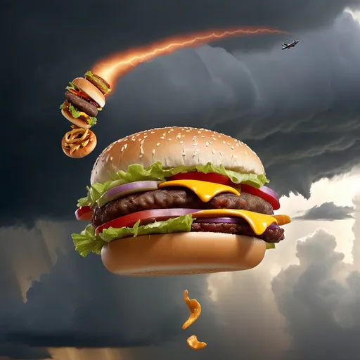 Prompt: Tornado eating a small  cheeseburger mid air with it’s mouth it also has eyes the tornado has a mouth