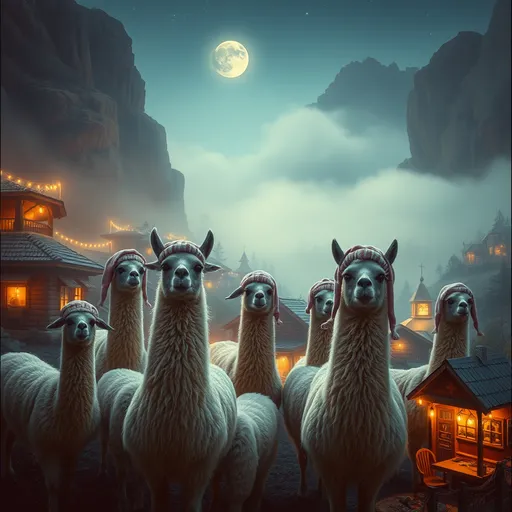Prompt: Photorealistic vintage film photo, a whimsical flock of Dream Llamas wearing nightcaps and pajamas, in the valley of sleep, enchanting foggy canyon in the backdrop, cozy small houses and shops sprinkled throughout the dreamy landscape, soft ambient lighting, nostalgic atmosphere, ultra-detailed, llamas wearing nightcaps