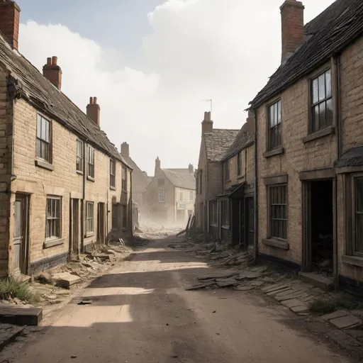 Prompt: a ruined English town
There are broken Bildins on the left and right
The dust is flying