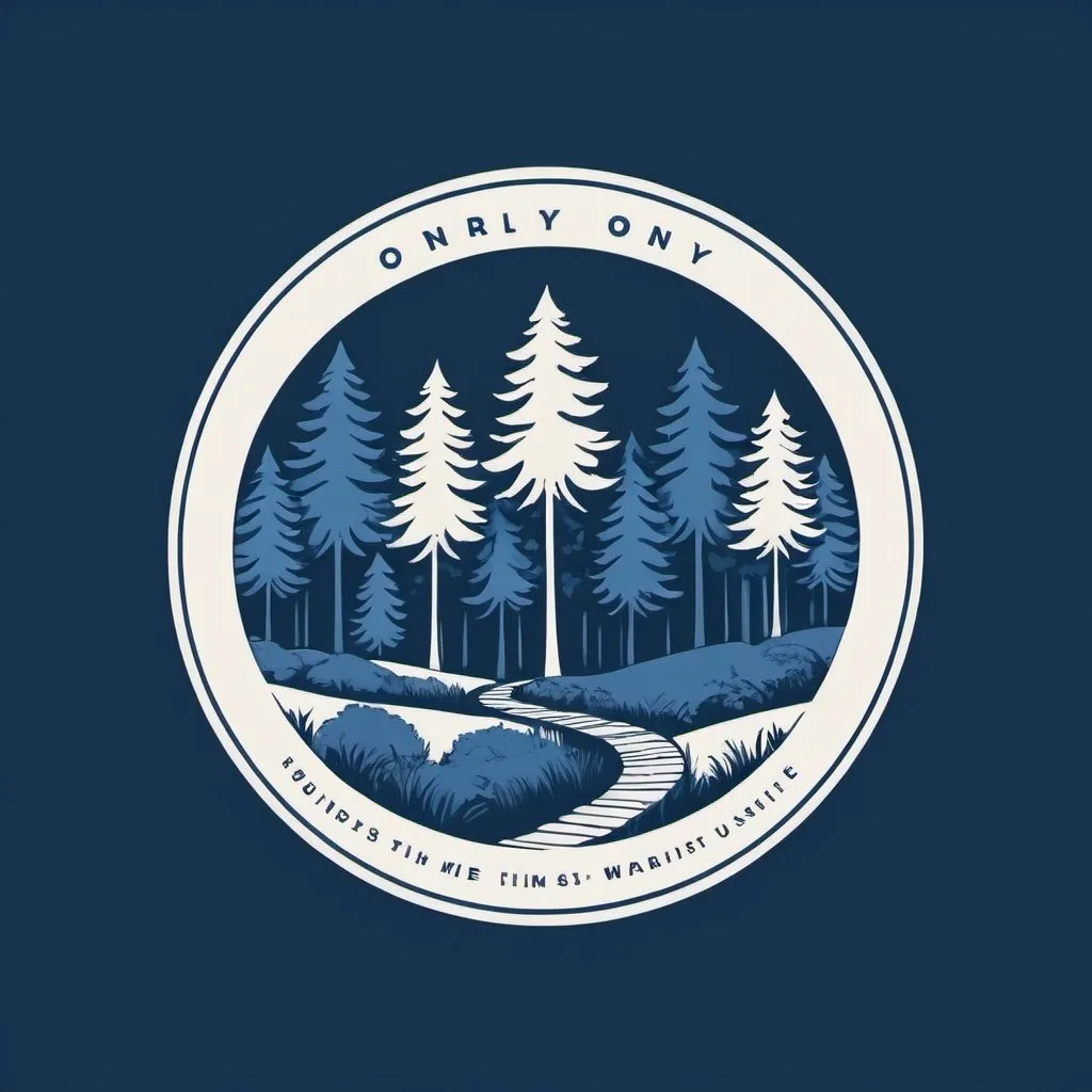 Prompt: blue and white only 
round logo with a forest and a path in blue and white


